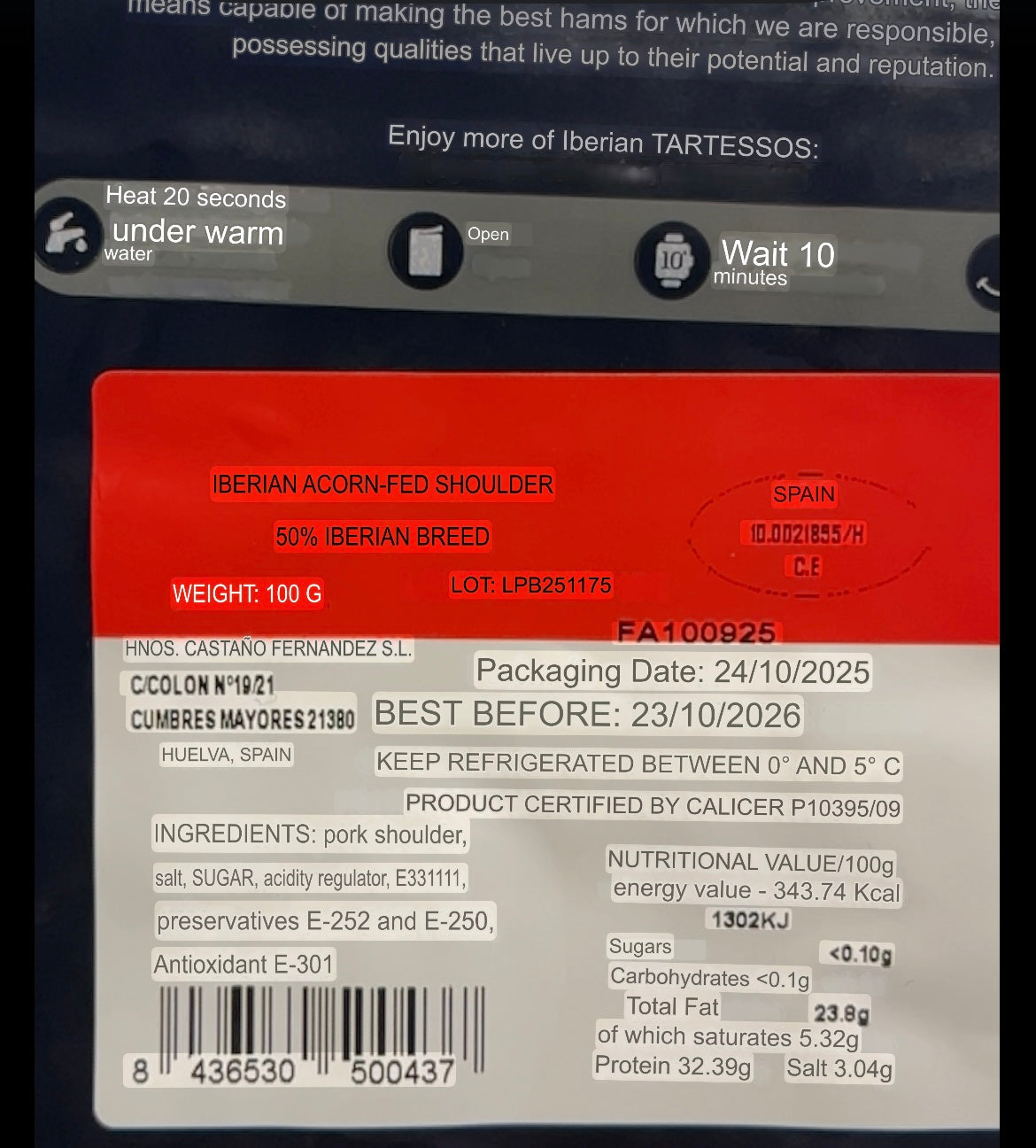 Tartessos - 100gr. Paleta de Bellota Iberica 50% Raza Iberica ( jamón )